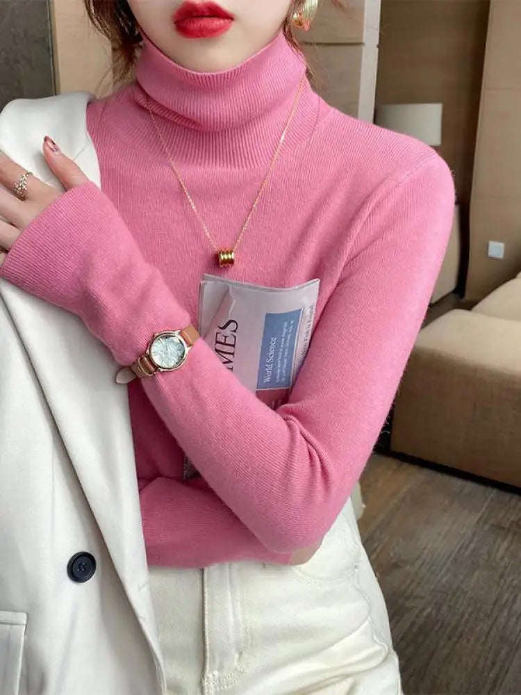 Women's Acrylic-Cotton Solid Long-Sleeve Turtleneck Slim-Fit Knit Pullover Sweater for Winter Outfits