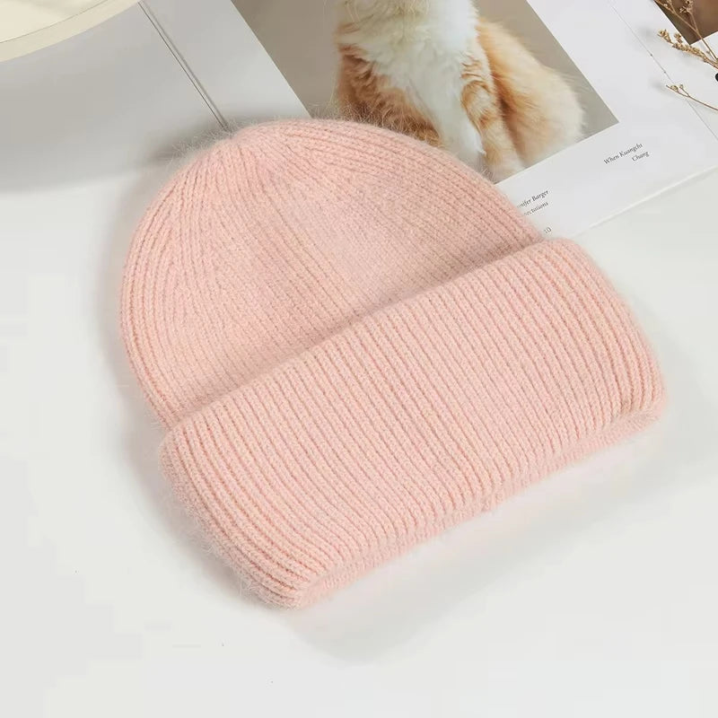 Solid Ribbed Knit Beanie with Wide Folded Cuff