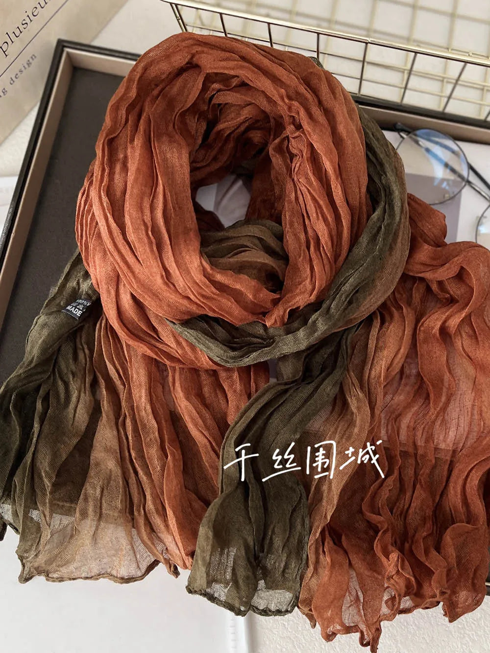 Gradient Crinkled Long Scarf with Rectangular Wrap Shape