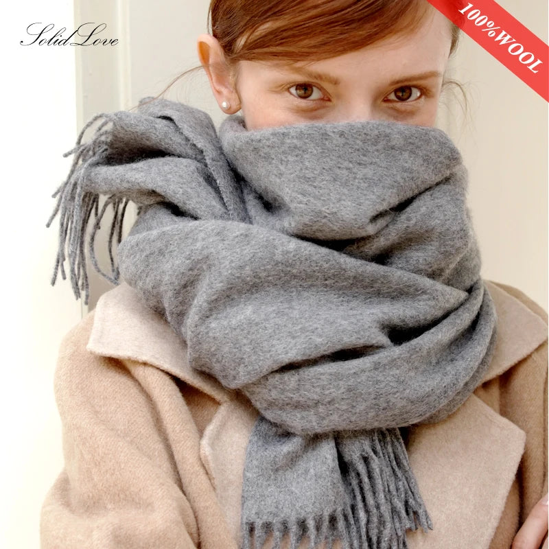 Solid Long Wool Scarf with Decorative Fringed Ends