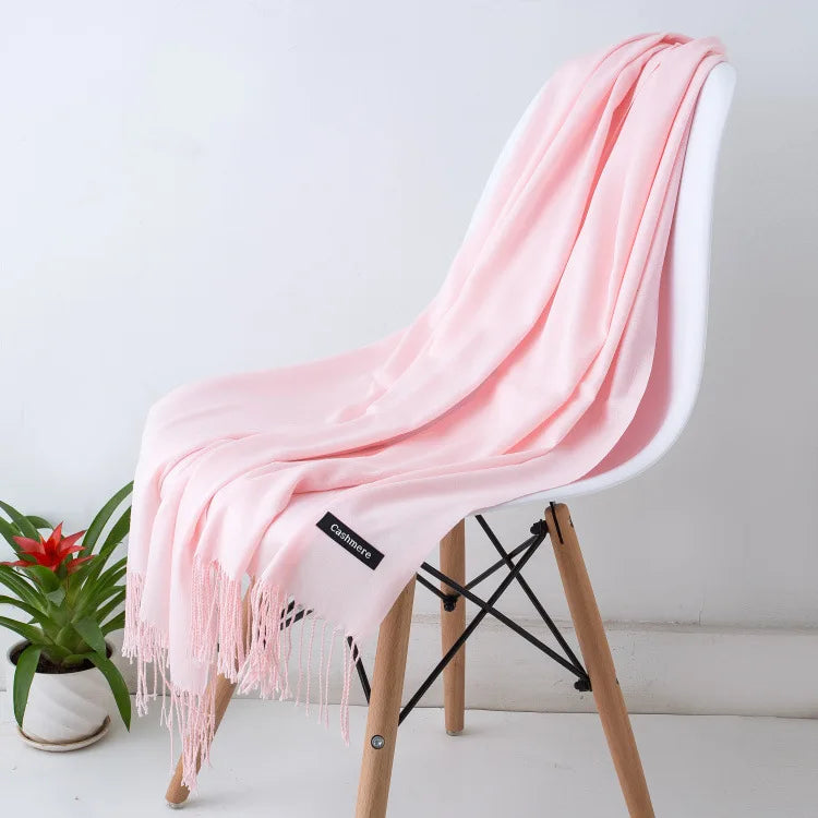 Solid Long Rectangular Scarf with Fringed End Trim
