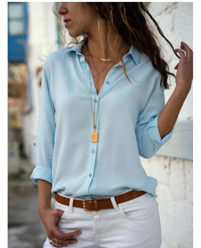 Women's Collared Roll Sleeve Button Front Shirt