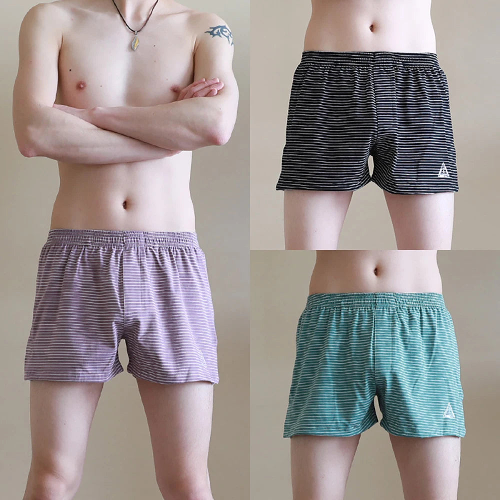 Men's Striped Elastic Waist Boxer Style Sleep Shorts