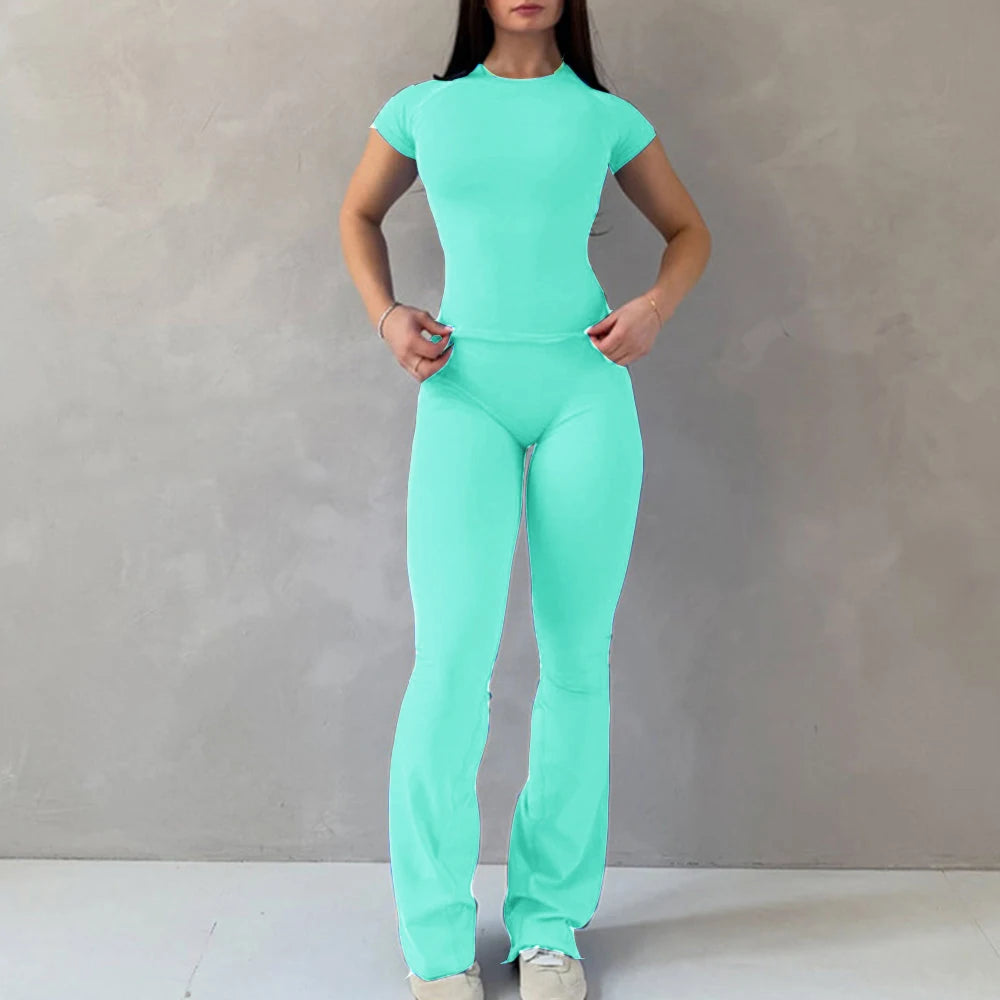 Women's Tee And Flared Bottoms Yoga Set For Workout Outfits