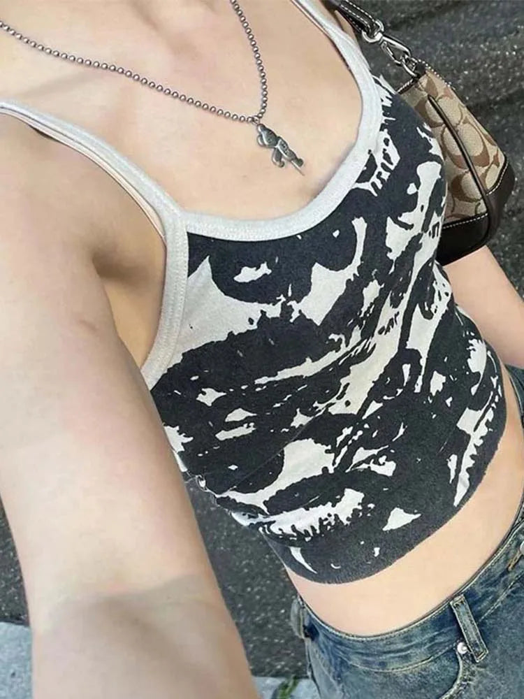 Women's Graphic Print Crop Top with Spaghetti Straps and Cropped Length