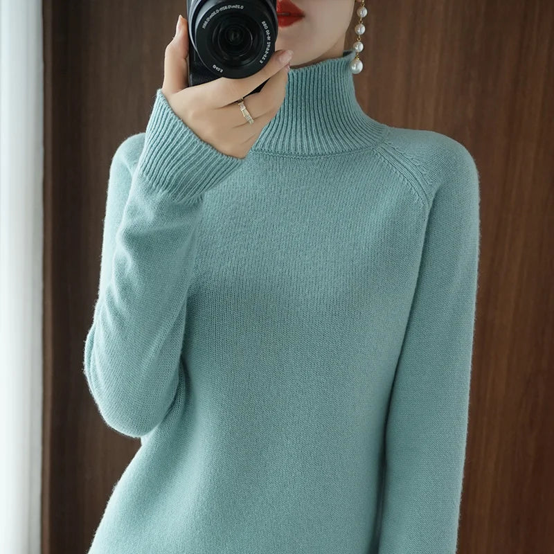 Women's Plain Ribbed Roll Neck Sweater Casual Knit Layer