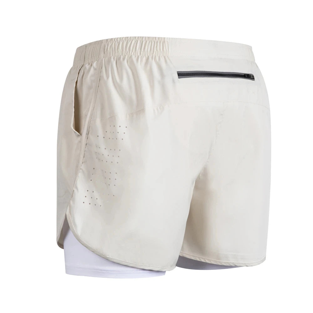 Men's Double Layer Running Shorts with Back Zipper Pocket