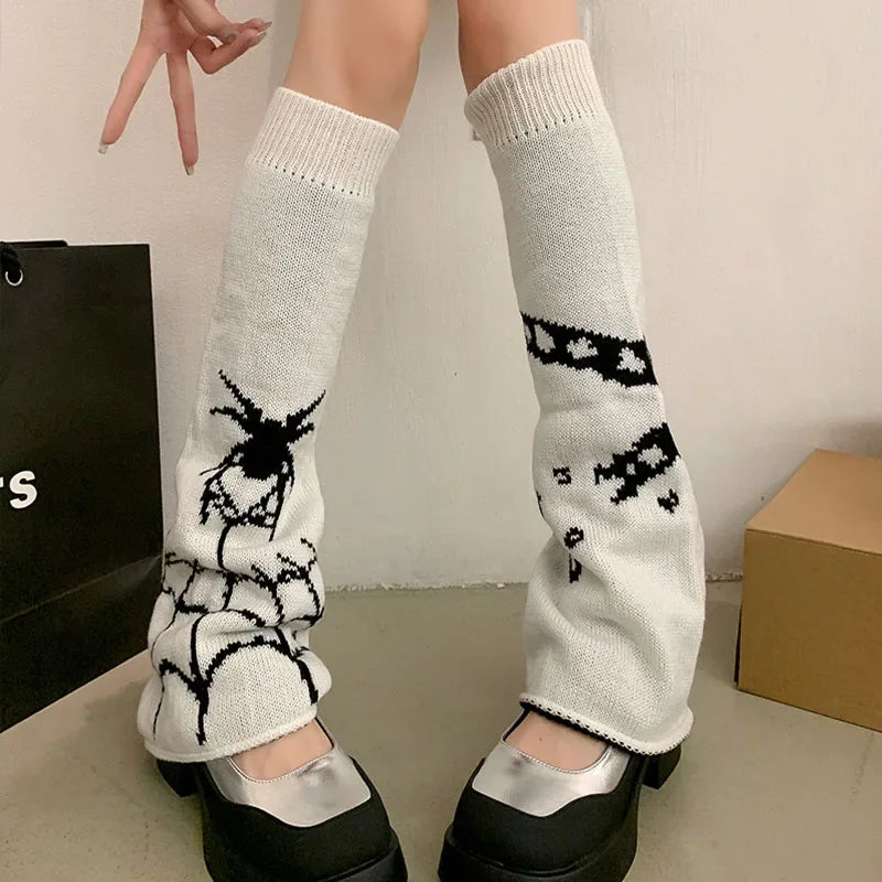 Patterned Knit Leg Warmers with Spiderweb and Heart Designs