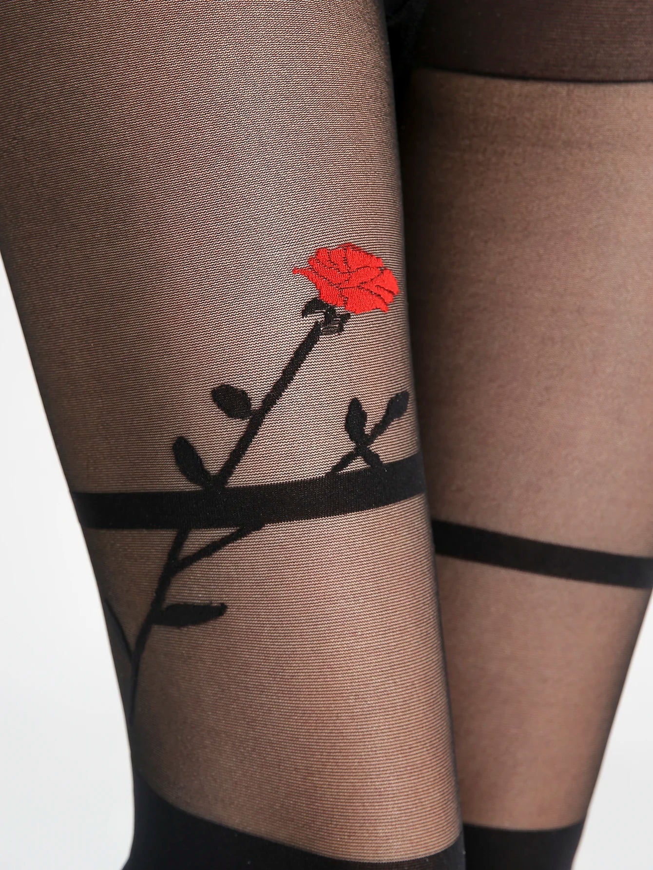 Sheer Full Length Tights with Rose and Thigh High Pattern