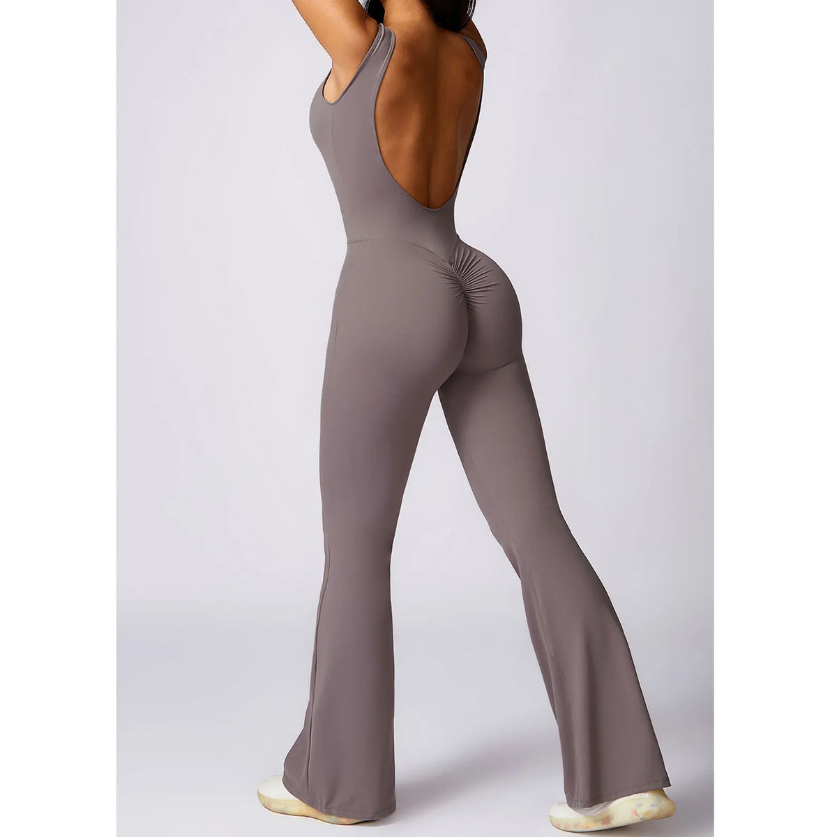 Women's High Neck Nylon Blend Flared Workout Jumpsuit with Scoop Back
