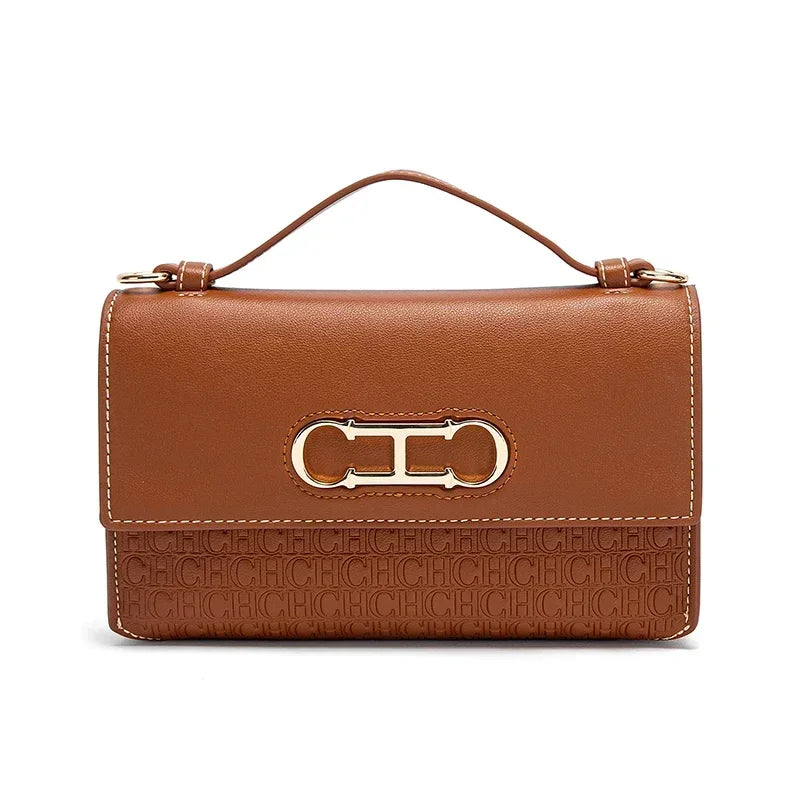 Women's Structured Flap Handbag with Metallic Clasp and Shoulder Strap