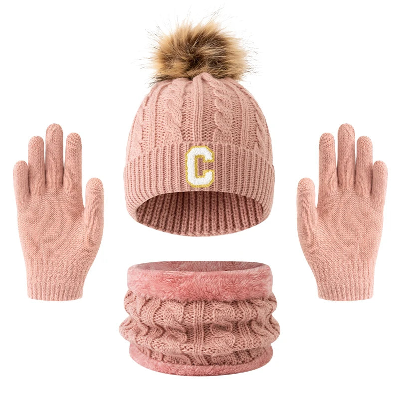 Children's Letter Knitted Hat Scarf and Gloves Set for Winter Wear