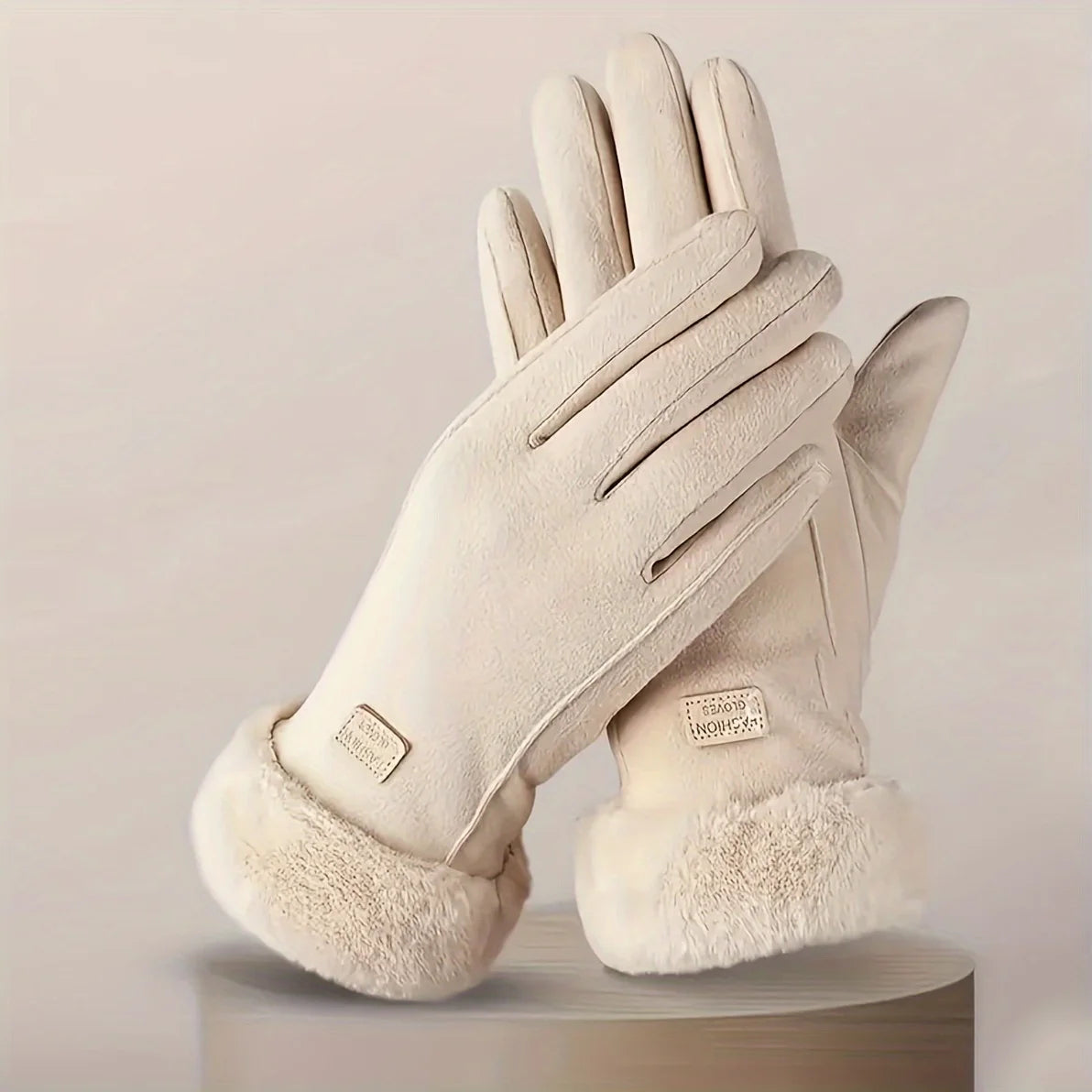 Beige Full Finger Gloves with Textured Outer Panels
