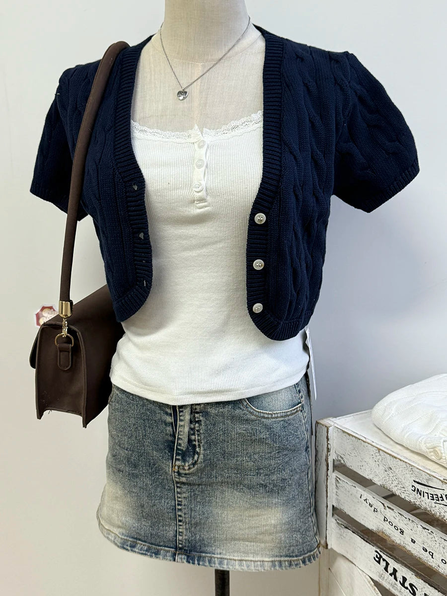 Women's Cropped V Neck Button Front Cardigan Casual Knit Layer