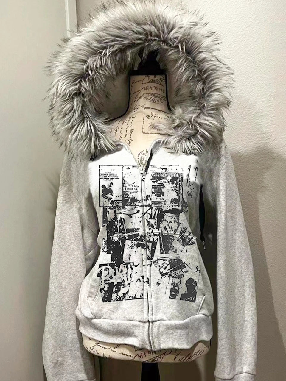 Fluffy Trim Long Sleeve Full Zip Casual Hoodie