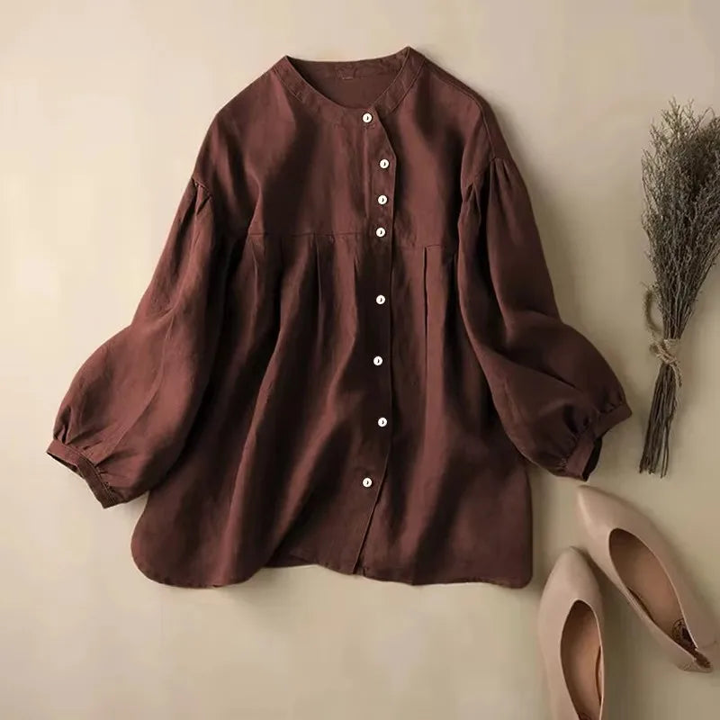 Women's Linen-Rayon Long-Sleeve Loose Round-Neck Blouse with Button Detail for Casual Outfits