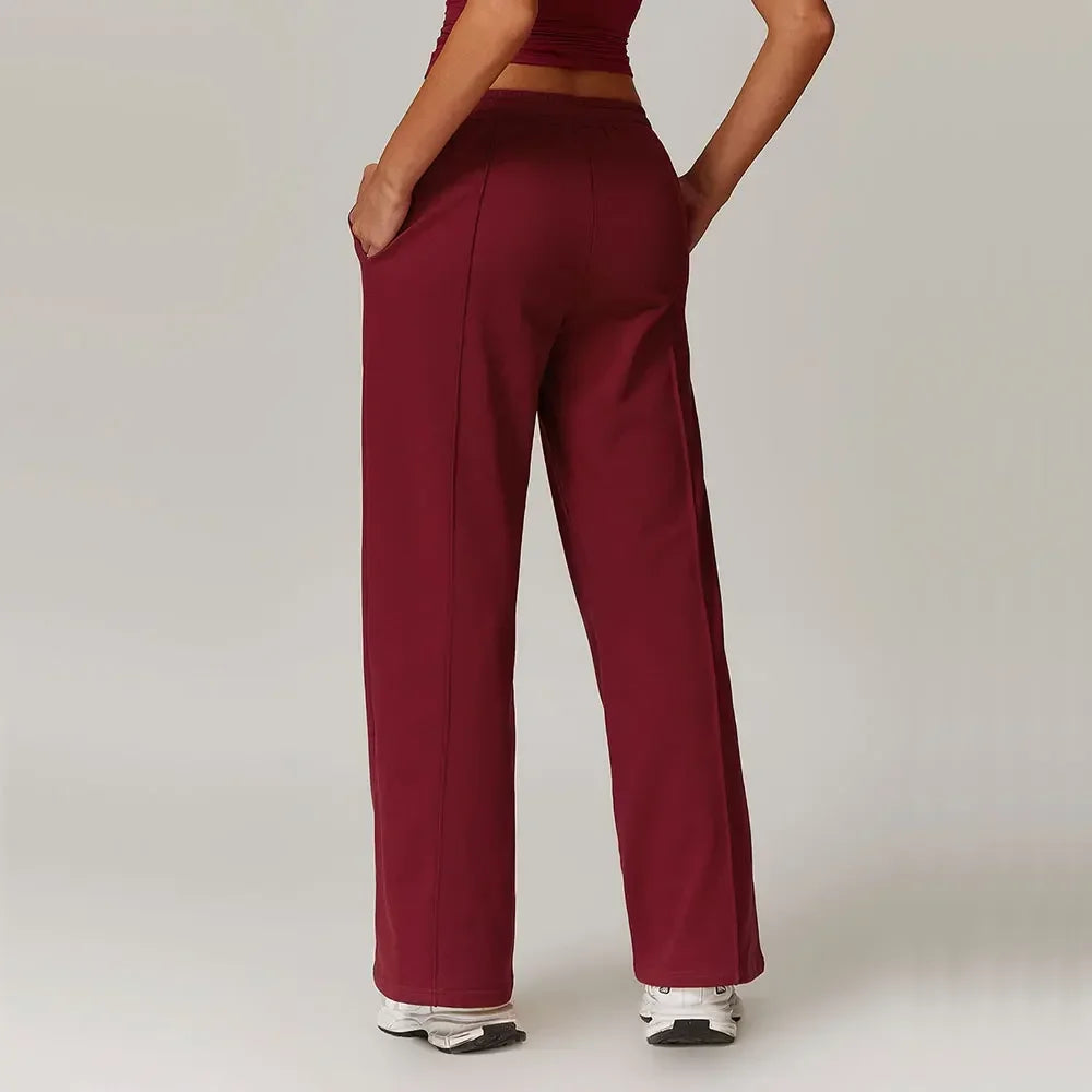 Women's Drawstring Waist Cotton Blend Wide Leg Pants with Side Pockets