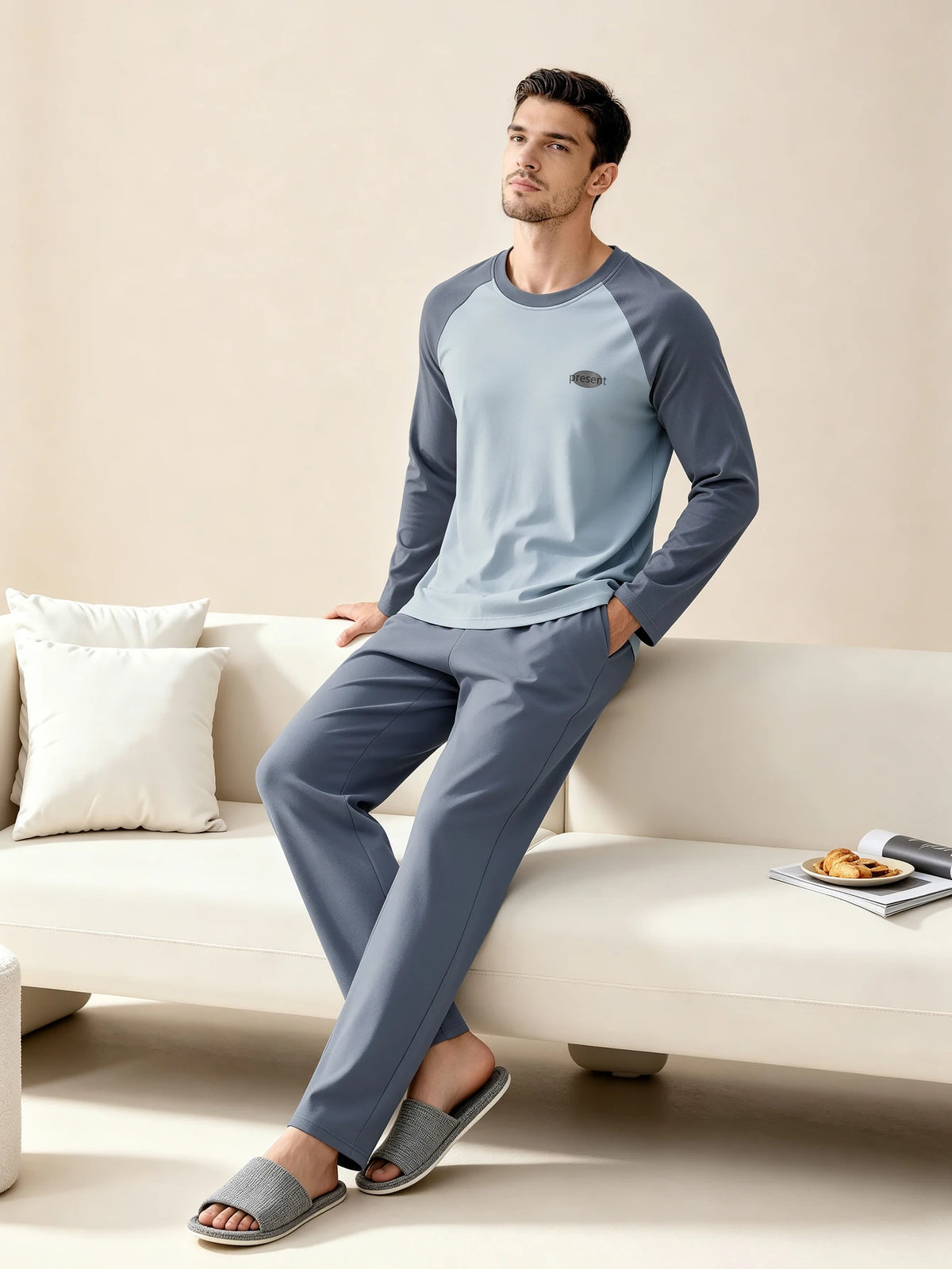 Men's Raglan Long Sleeve Top and Pants Pajama Set