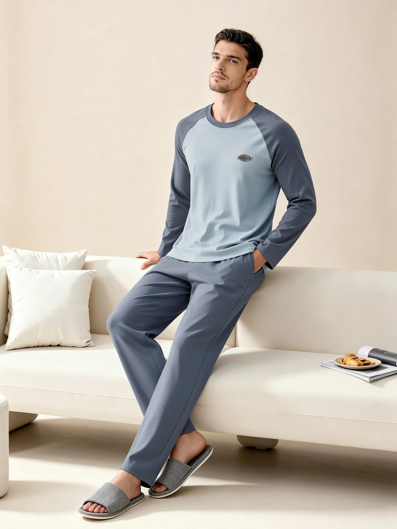 Men's Raglan Long Sleeve Top and Pants Pajama Set