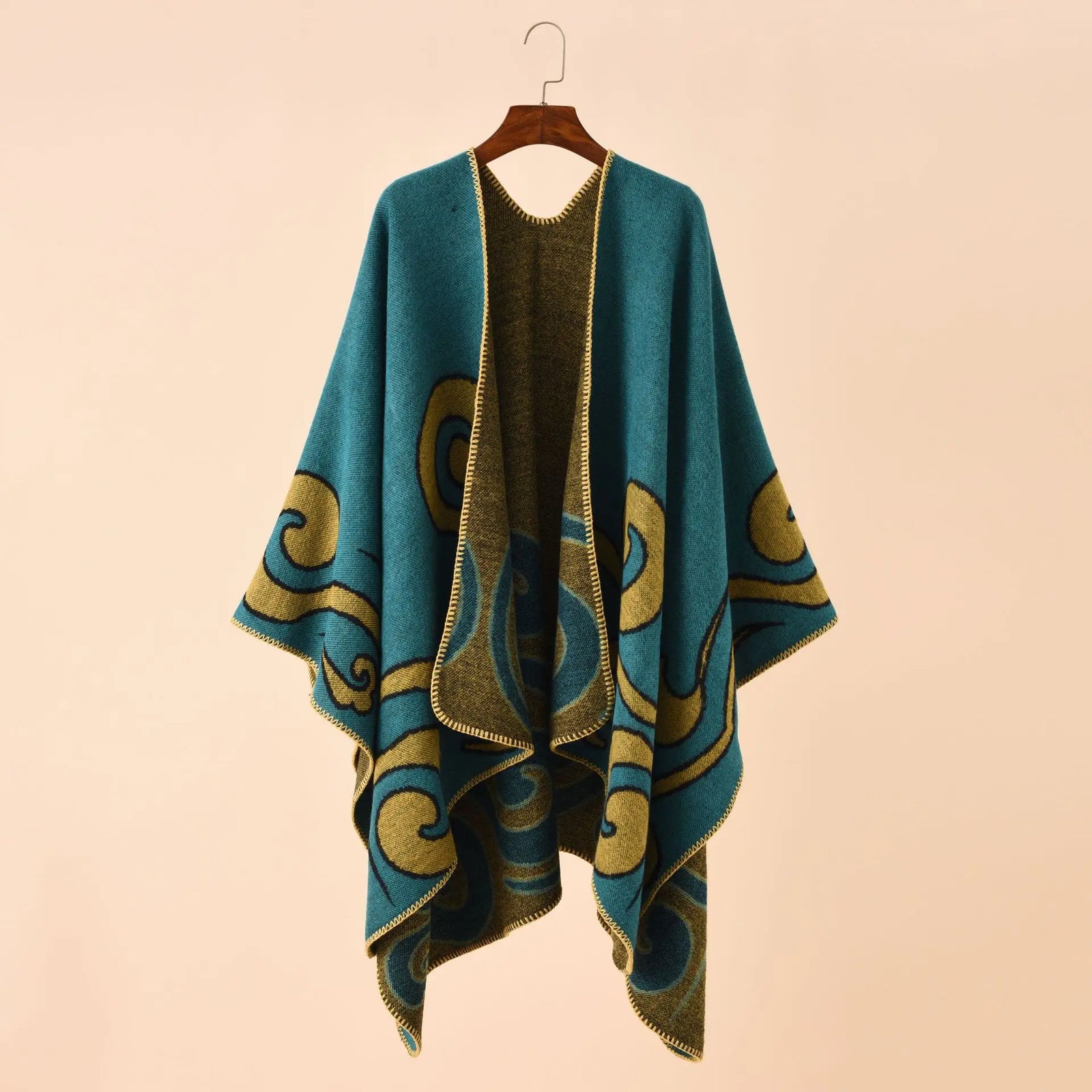Swirl Pattern Pointed Hem Poncho for Layering over Outfits