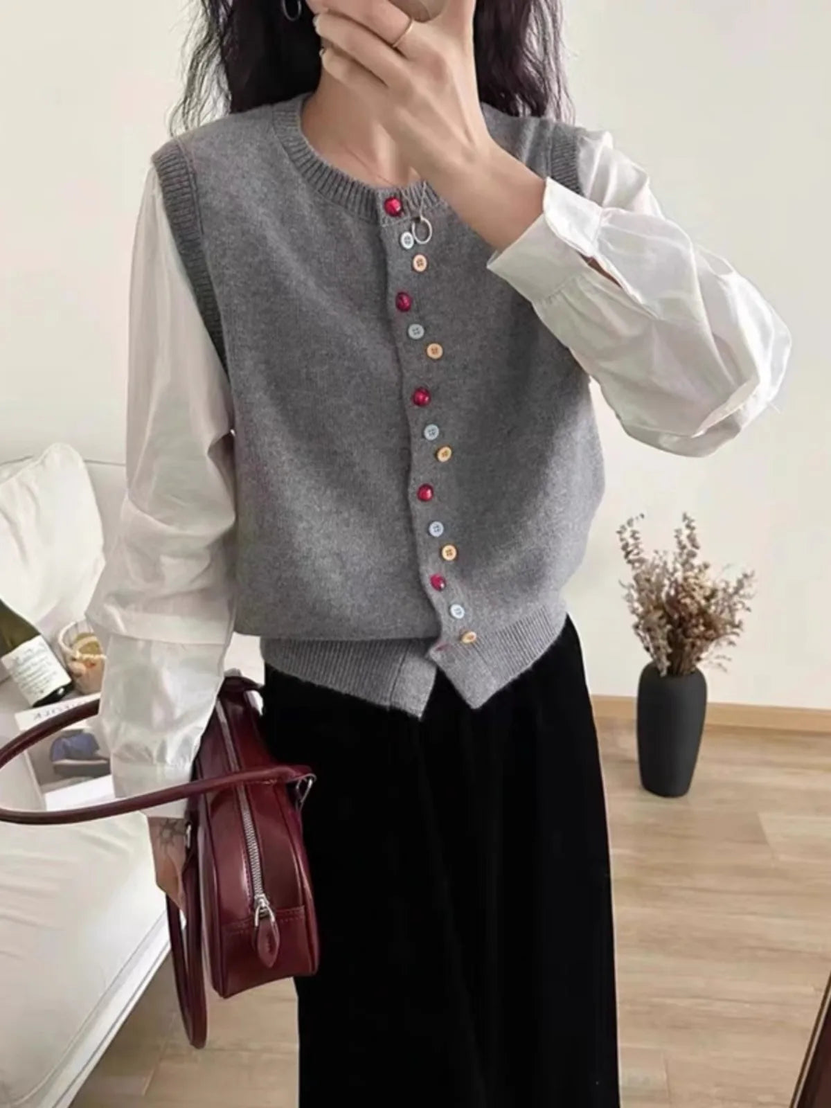 European goods color button cashmere knit vest cardigan women spring and autumn new round neck sleeveless sweater vest