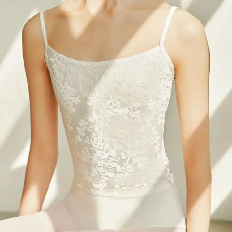 Women's Floral Lace Camisole Ballet Leotard with Low Back Design