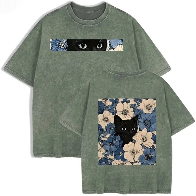 Vintage Washed Black Cat Floral T Shirt Double Sided Print Streetwear Casual Tee