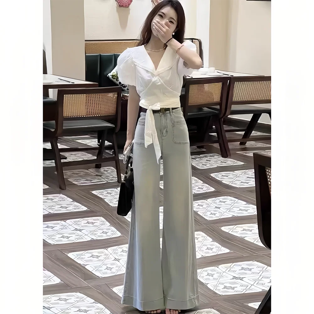 Women's Gray Wide Leg High Waist Denim Jeans