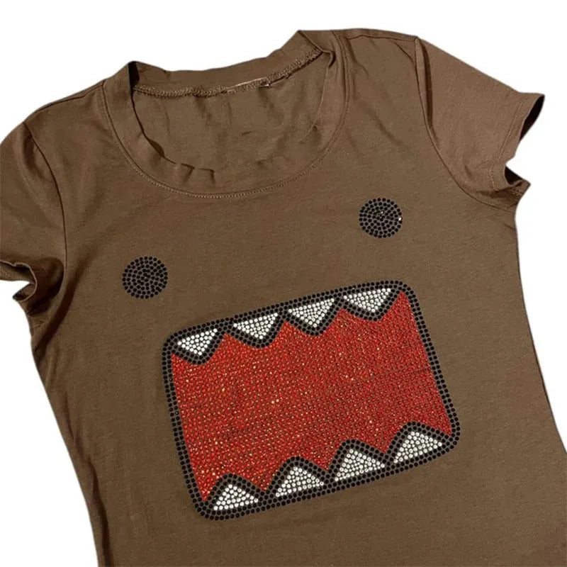 Women's Cartoon Monster Print Polyester Blend Crop T Shirt with Short Sleeves