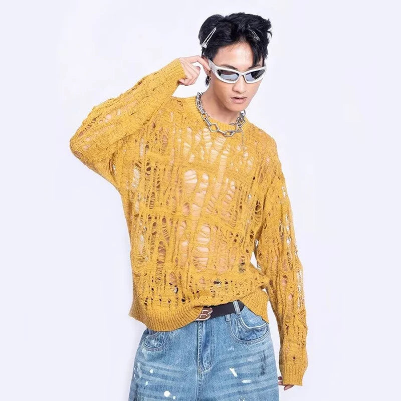 Men's Distressed Openwork Crew Neck Sweater