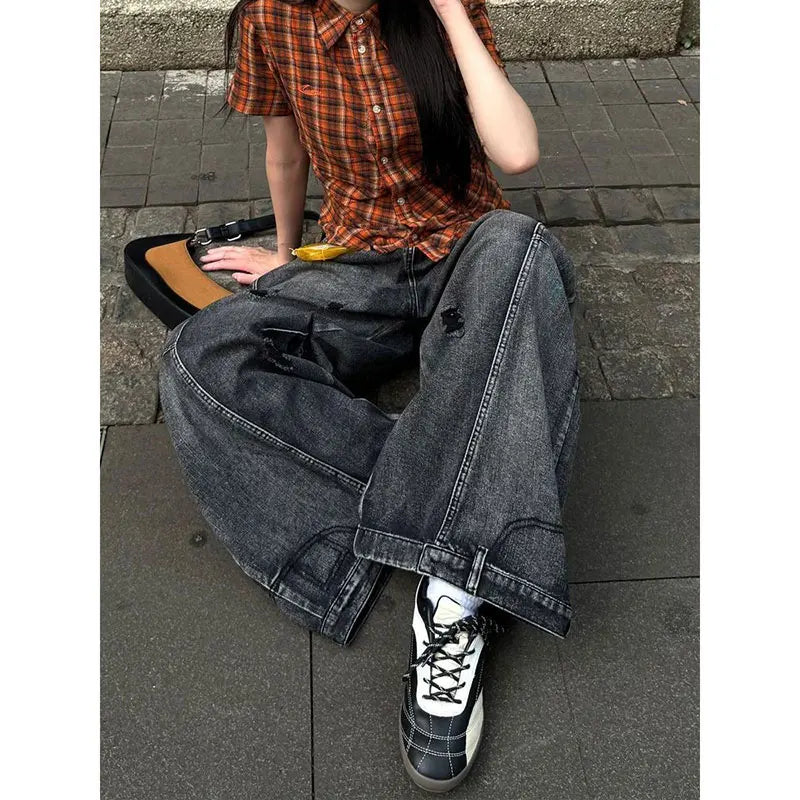 Women's Black Cargo Pocket Wide Leg Denim Jeans