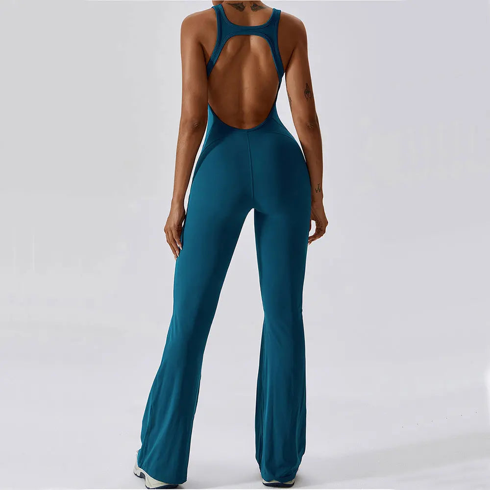 Women's Cross Strap Nylon Blend Workout Jumpsuit with Back Cutout and Long Legs