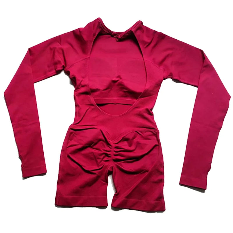 Women's Long Sleeve Nylon Blend Workout Romper with Large Back Cutout