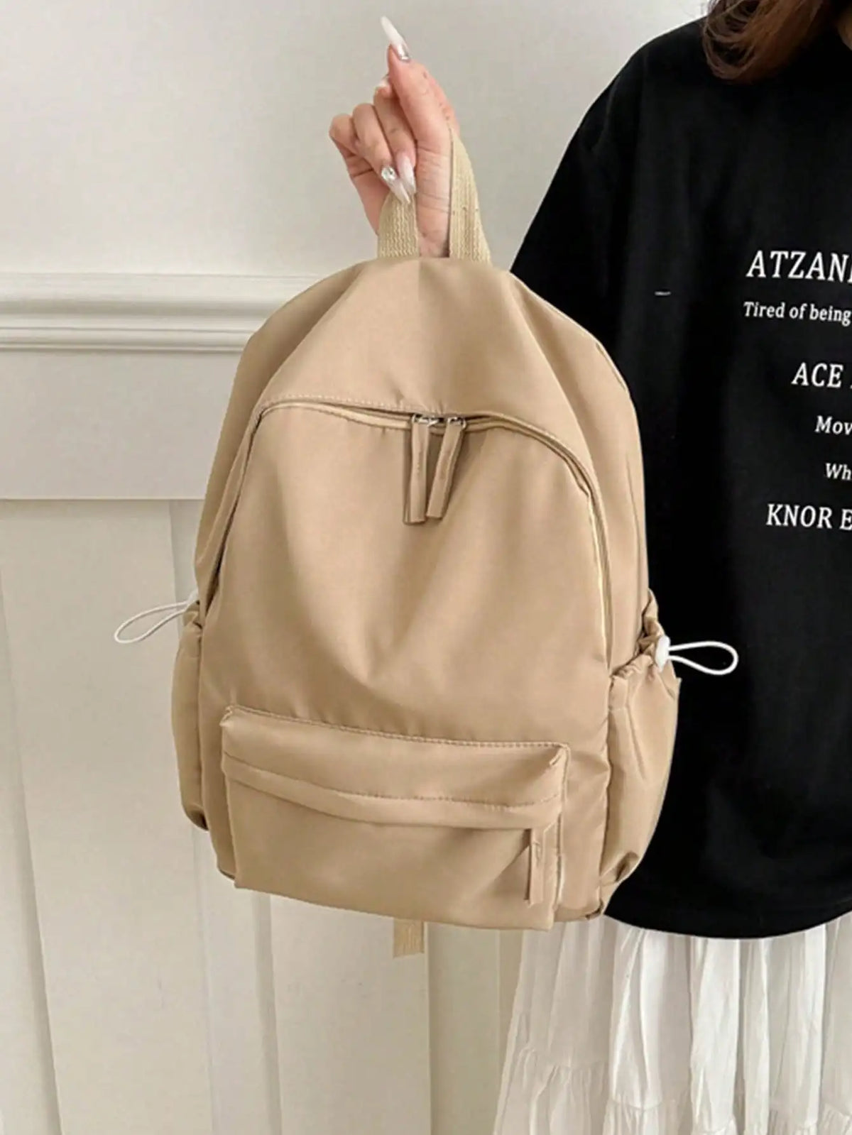Solid Colour Student Backpack with Front Zipper Pocket and Top Handle