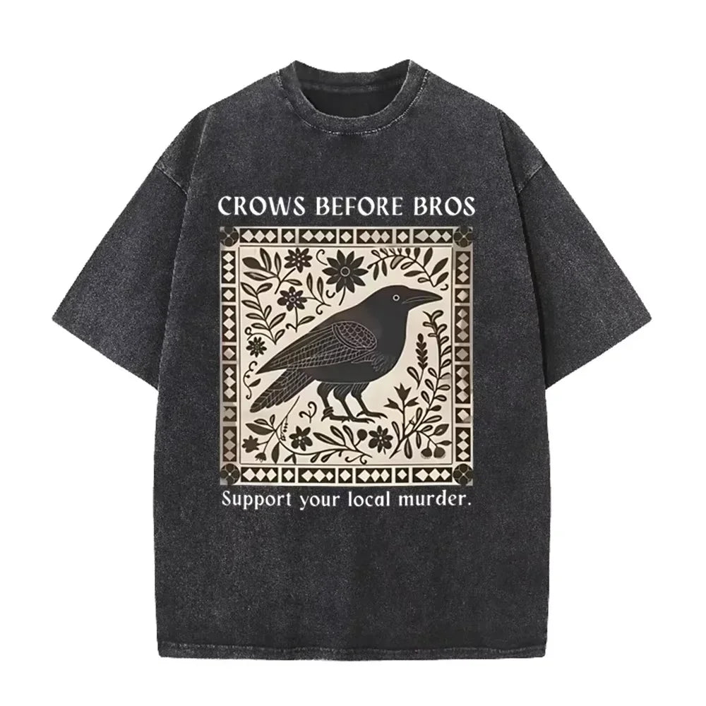 Distressed Vintage Washed Tee Vintage Square Crow Floral Print Support Local Murder Funny Slogan Loose T Shirts