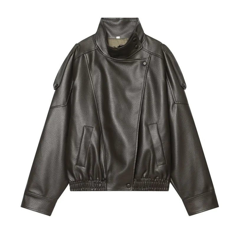 Women's Stand Collar Faux Leather Jacket for Layered Outfits