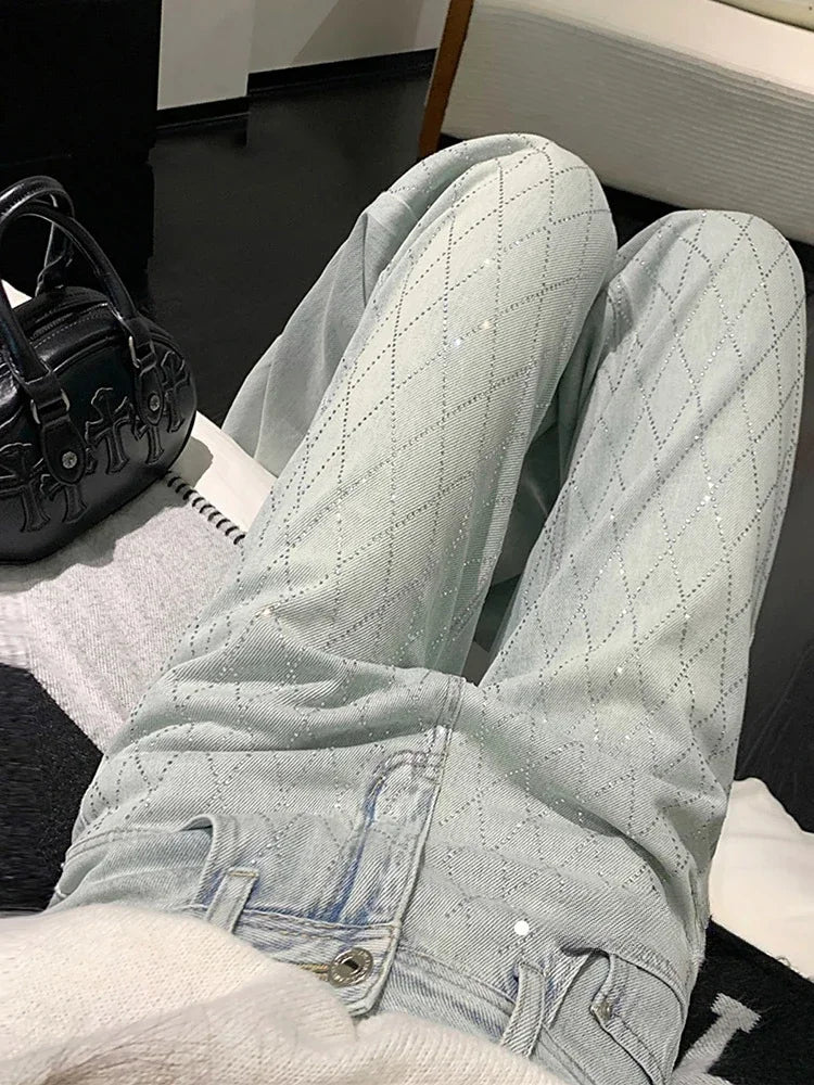 Women's Argyle Diamond Pattern Wide Leg Denim Jeans