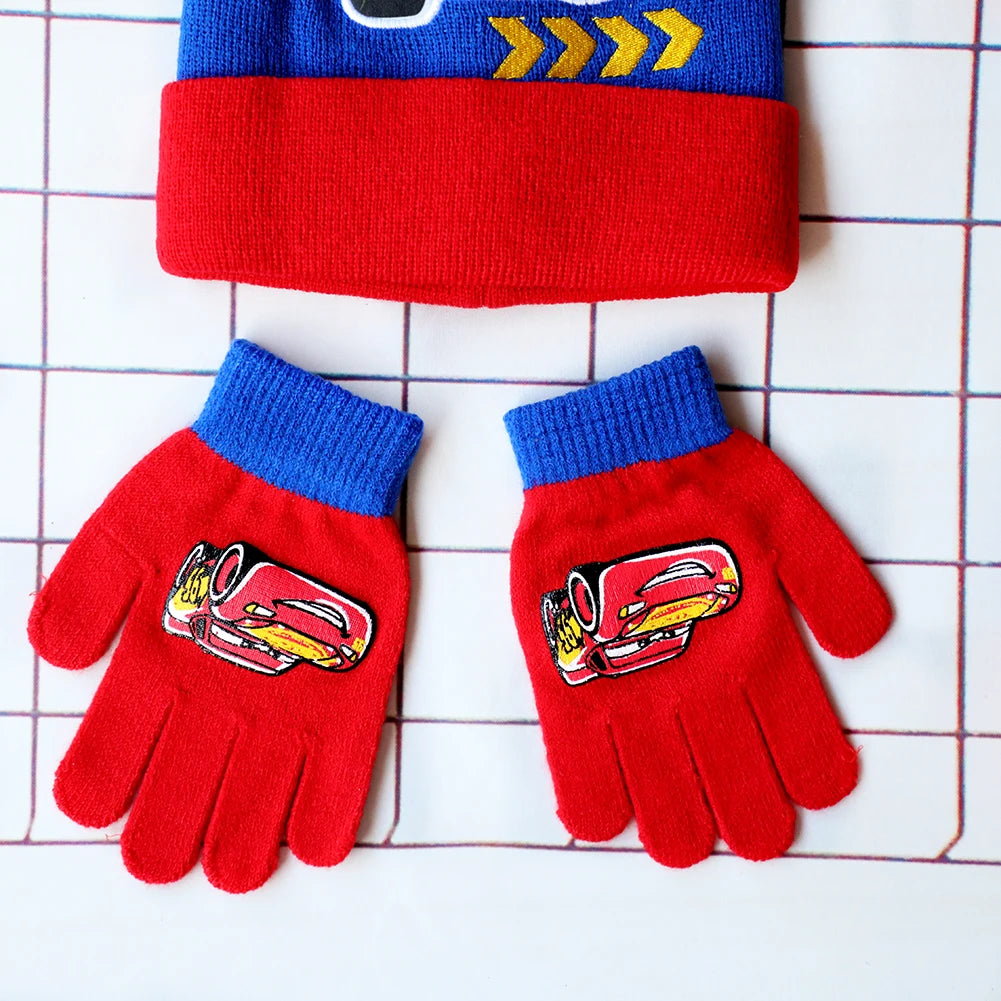 Children's Cars Cartoon Hat Scarf and Gloves Set for Winter Wear