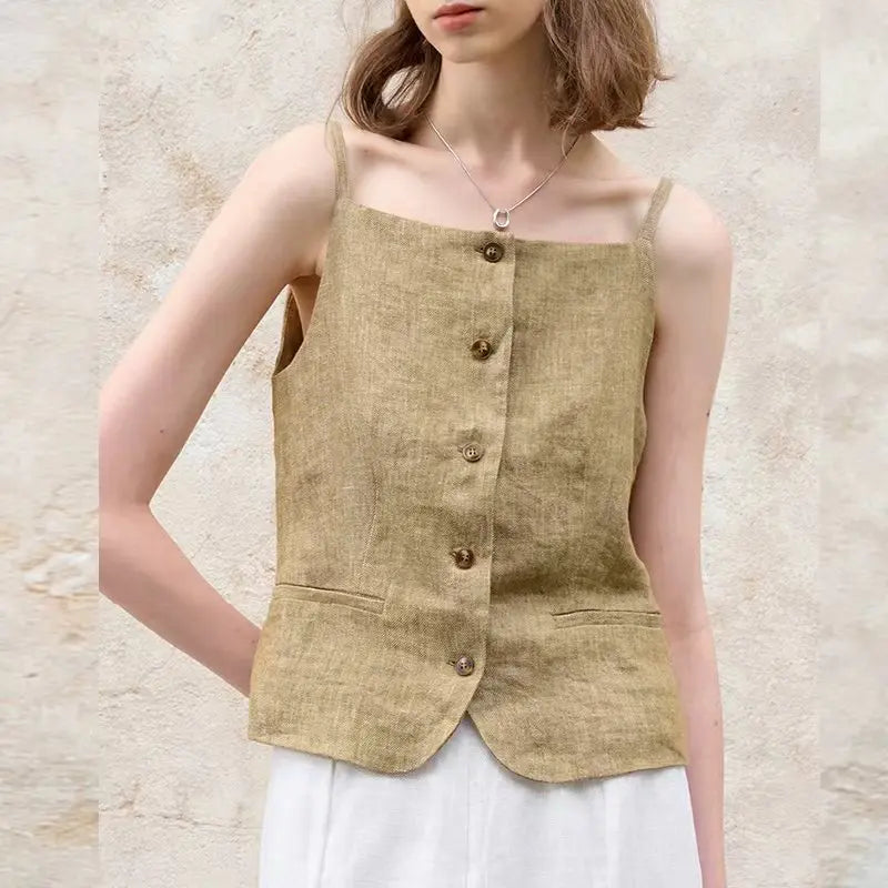 Women's Linen Strapless Cropped Camisole Top with Front Buttons for Casual Outfits