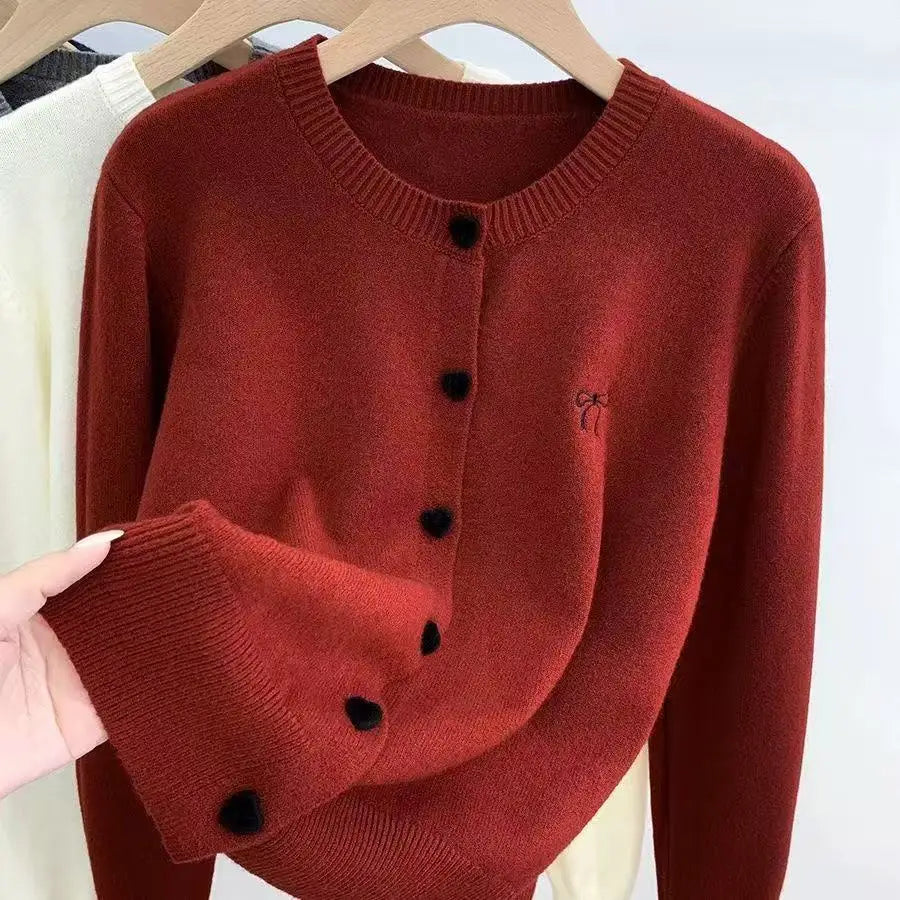 Women's Bow Embroidered Crew Neck Button Front Cardigan
