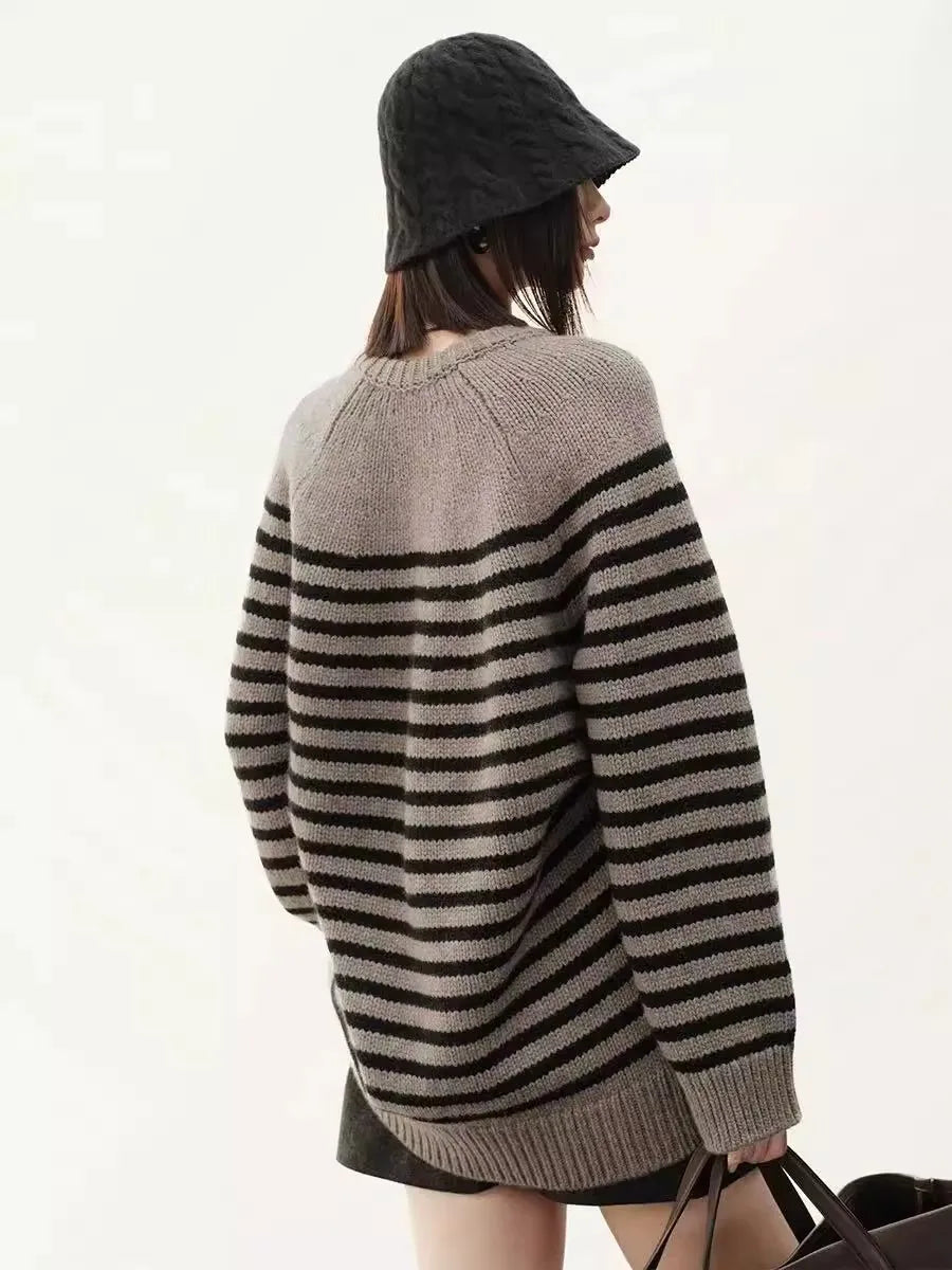 High-end V-neck striped 100% wool knitted sweater loose pullover sweater women wool base layer
