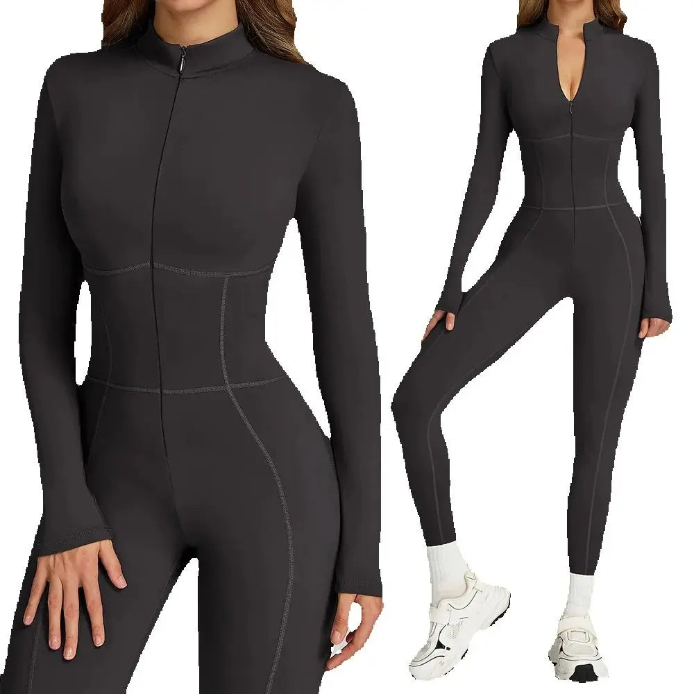Women's Long Sleeve Nylon Blend Workout Jumpsuit with Collar and Front Zipper