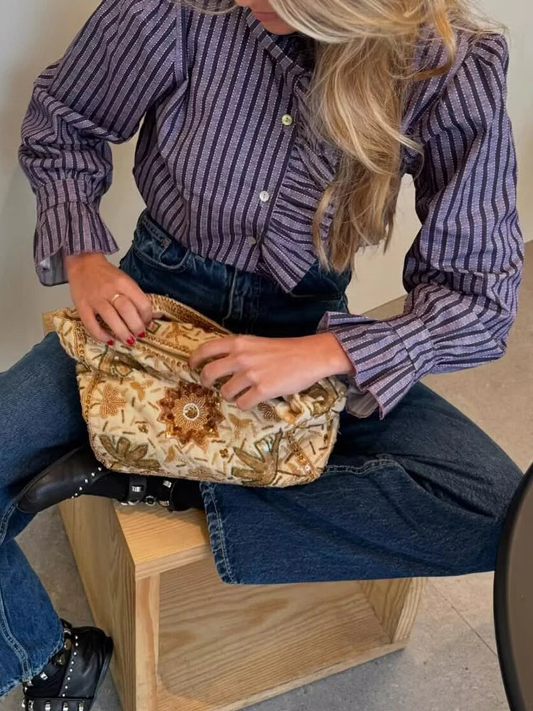Women's Ruffled Stand Collar Long Sleeve Patterned Shirt
