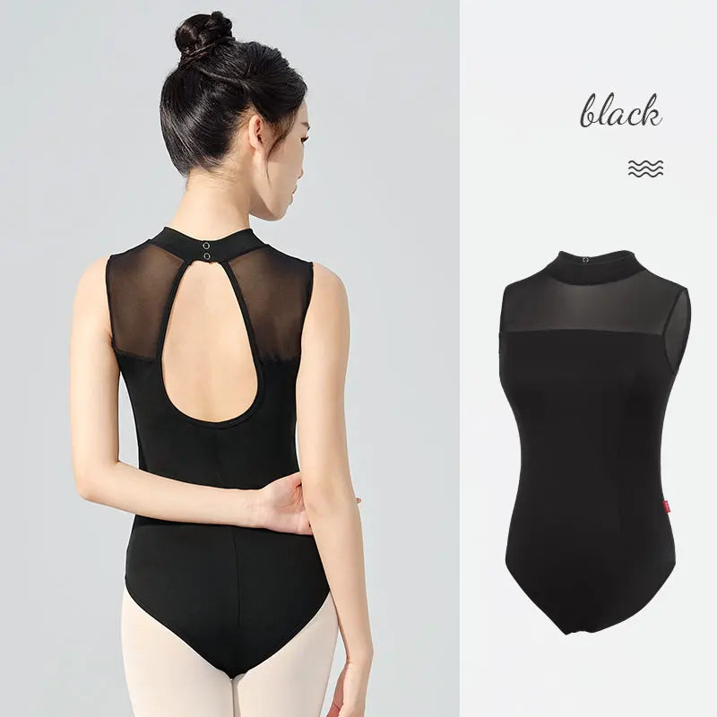 Women's Sleeveless Mock Neck Ballet Leotard with Mesh and Back Cutout