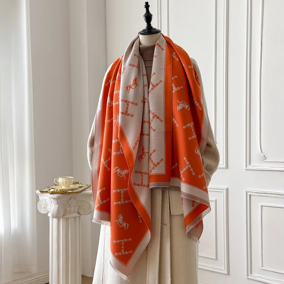 Monogram Pattern Fringed Wrap Scarf for Layering over Outfits