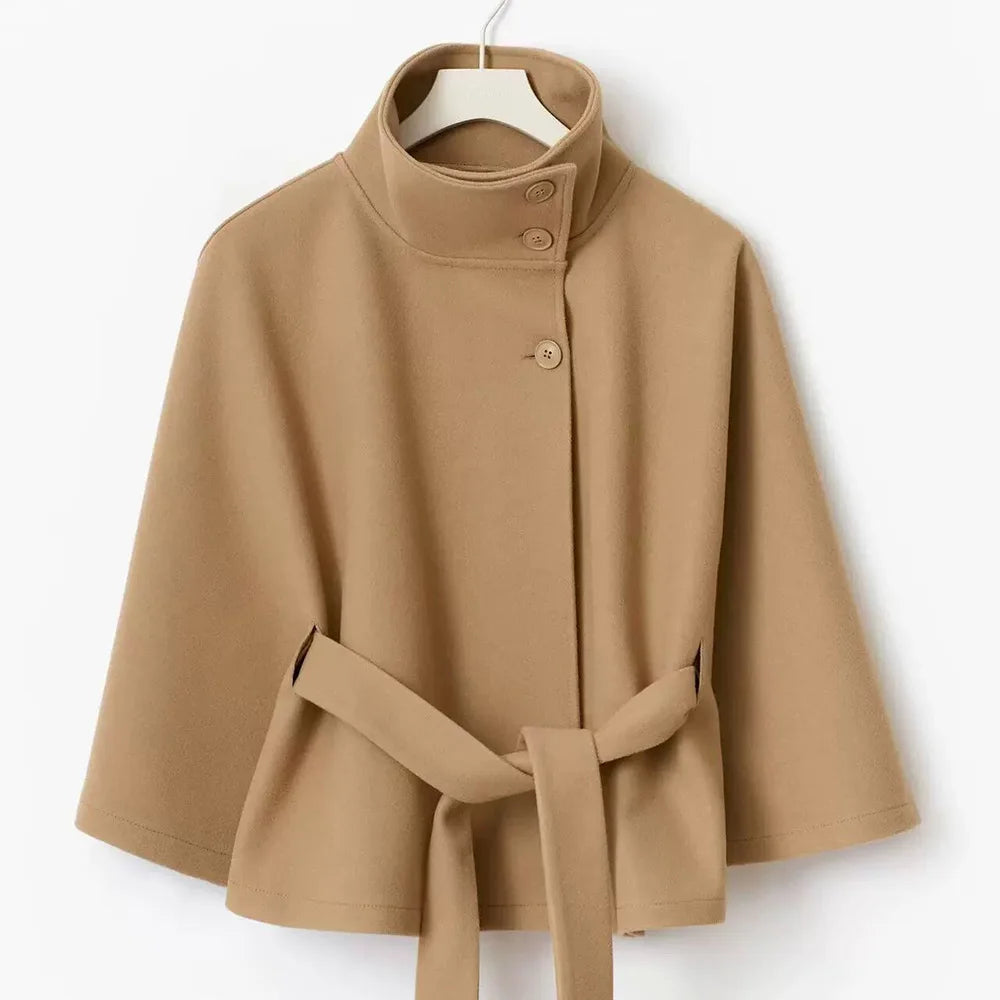 Belted Button Stand Collar Cape for Layering over Outfits