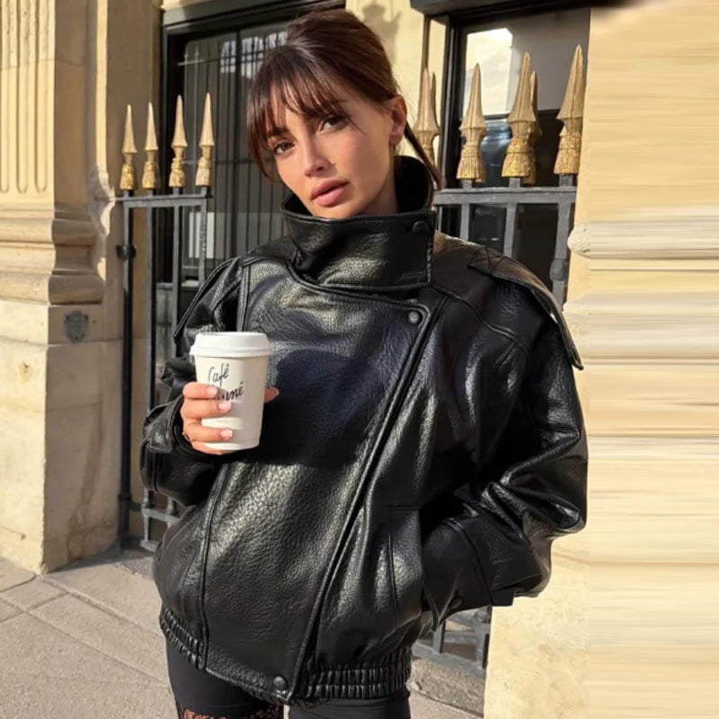 Women's Cropped Leather-Look Zip-Front Jacket