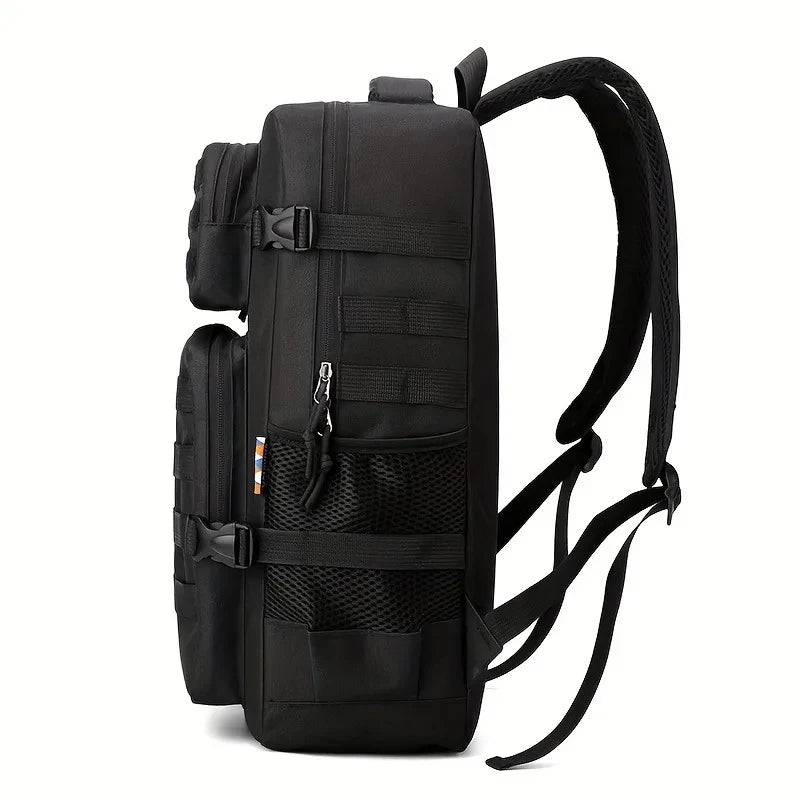 Tactical Style Backpack with Front Webbing and Multiple Zipper Compartments