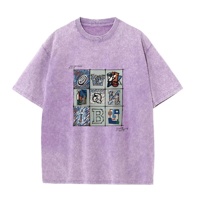 Retro Abstract Alphabet Art T Shirt Picasso Inspired Print Washed Casual Streetwear