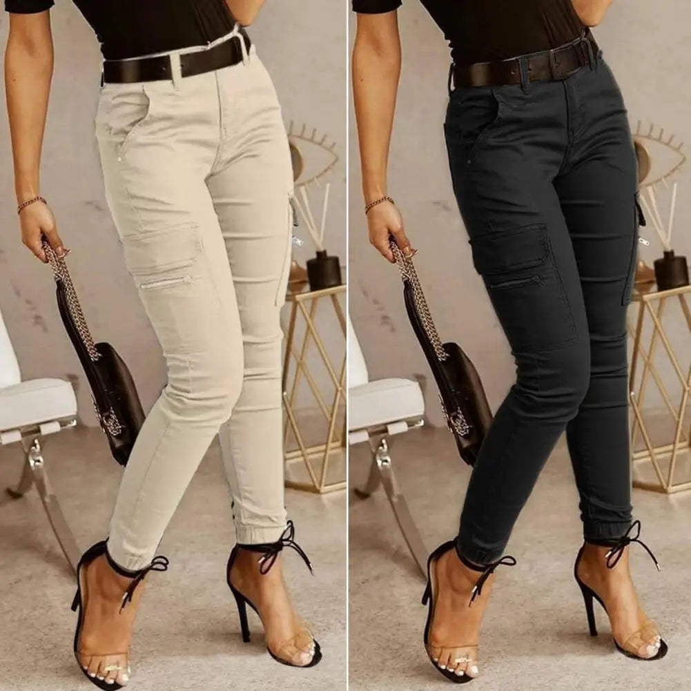 Women's Slim Cargo Pants with Button Fastening and Side Zip Pockets